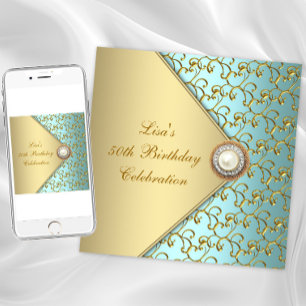 Invitation Turquoise Gold Pearl Womans 50e fête d'anniversair