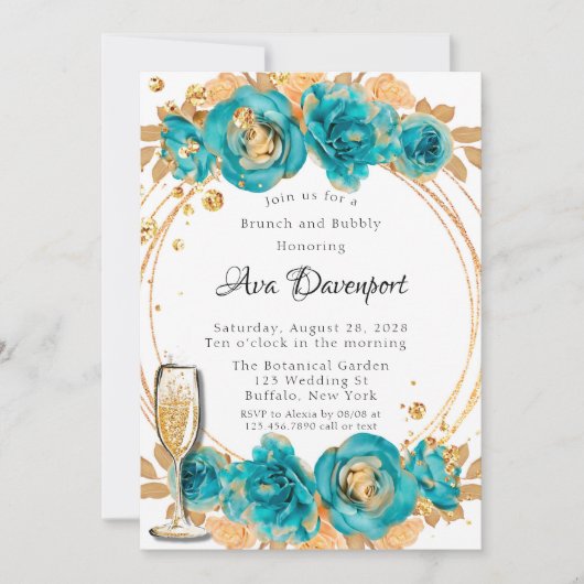 Invitation Turquoise Gold Peony Brunch géométrique et Bubbly (Devant)