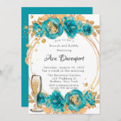 Invitation Turquoise Gold Peony Brunch géométrique et Bubbly (Devant / Derrière)