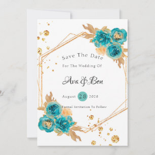 Invitation Turquoise Gold Peony Géométrique Enregistrer la ca