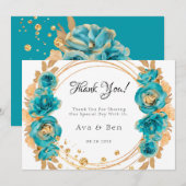 Invitation Turquoise Gold Peony Mariage géométrique Merci Car (Devant / Derrière)