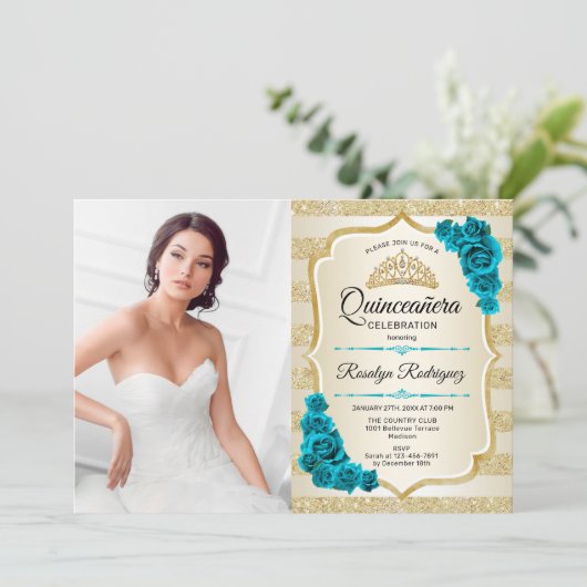 Invitation Turquoise Gold Photo Elegant Quinceanera (Debout devant)