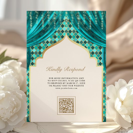 Invitation Turquoise Gold Quatrefoil QR Code Sikh Mariage