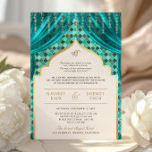 Invitation Turquoise Gold Quatrefoil QR Code Sikh Mariage
