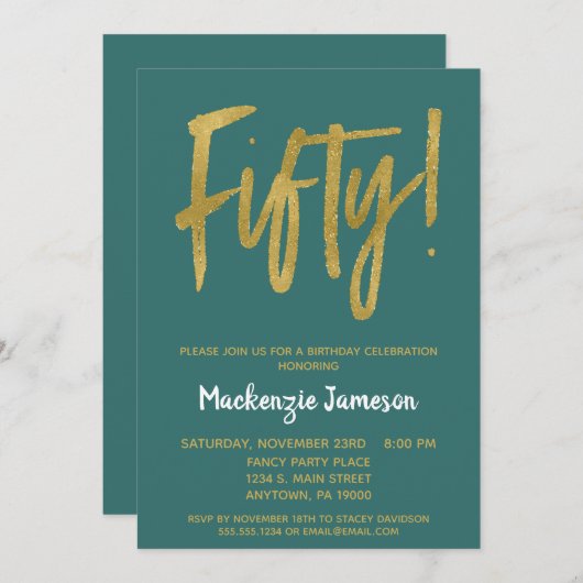 Invitation Turquoise Gold Script 50th Birthday Party Invitati (Devant / Derrière)