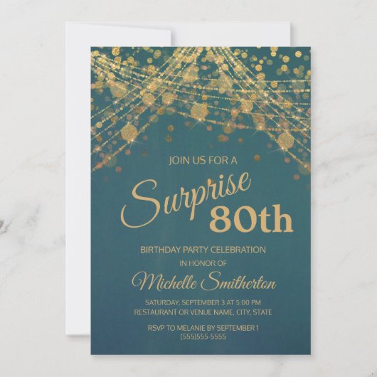 Invitation Turquoise Gold String lumières Surprise 80e annive (Devant)