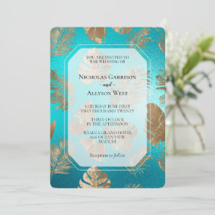 Invitation Turquoise Gold Tropical Feuille Mariage