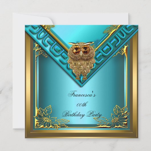 Invitation Turquoise Golden Owl Image Elite Élégante fête d'a (Devant)