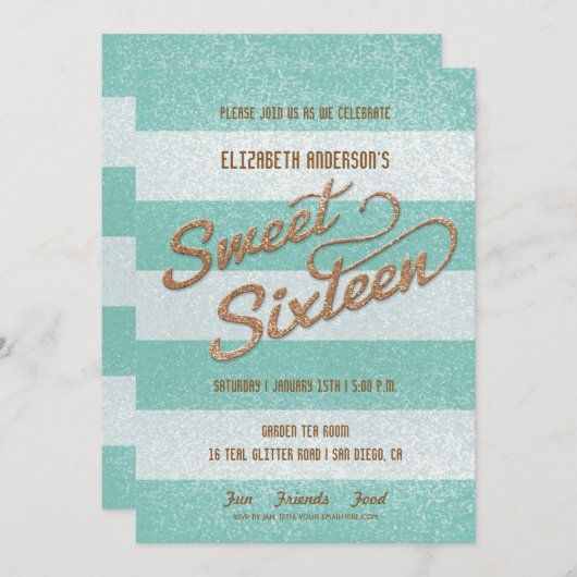 Invitation Turquoise Gras rayures Sweet sixteen Partie (Devant / Derrière)
