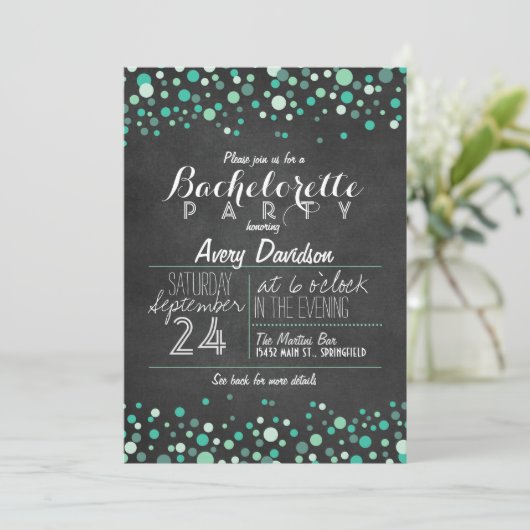Invitation Turquoise Green Confetti Chalkboard Bachelorte (Debout devant)