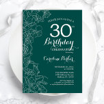 Invitation Turquoise Green Floral 30e fête d'anniversaire<br><div class="desc">Green Floral 30th Birthday Party Invitation. Design moderne minimaliste avec accents de dessin botanique et police de script de typographie. Carte invitation simple et tendance,  parfaite pour une célébration anniversaire élégante. Peut être customisé à n'importe quel âge. Invitations Zazzle imprimées ou téléchargement instantané modèle imprimable numérique.</div>