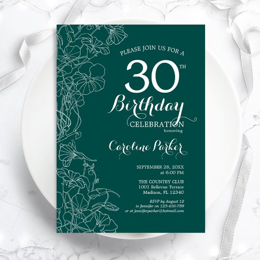 Invitation Turquoise Green Floral 30e fête d'anniversaire