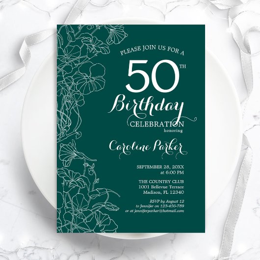 Invitation Turquoise Green Floral 50e fête d'anniversaire
