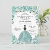 Invitation Turquoise Green Floral Princesse Silver Quinceañer (Debout devant)