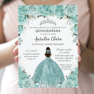 Invitation Turquoise Green Floral Princesse Silver Quinceañer
