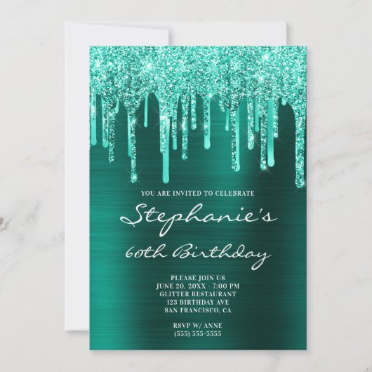 Invitation Turquoise Green Foil et Parties scintillant Drips  (Devant)