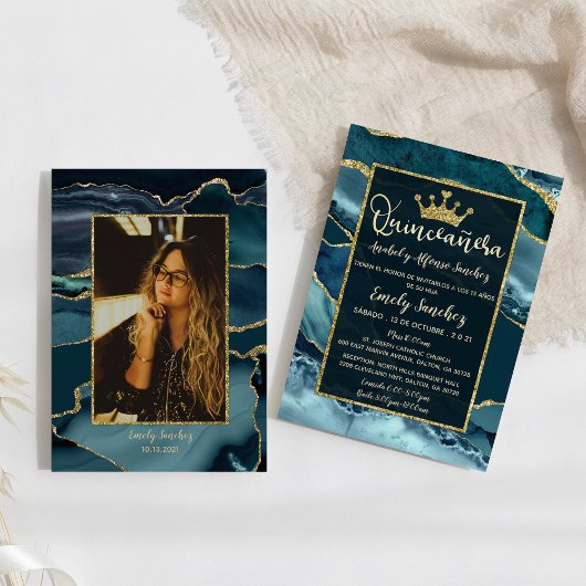 Invitation Turquoise Green Gold Agate espagnol Quinceañera Ph