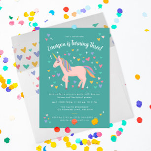Invitation Turquoise Green Pastel Rainbow Unicorn fête d'anni