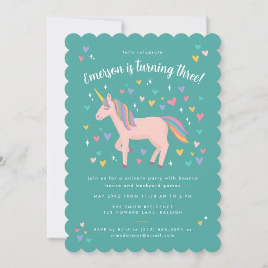 Invitation Turquoise Green Pastel Rainbow Unicorn fête d'anni (Devant)
