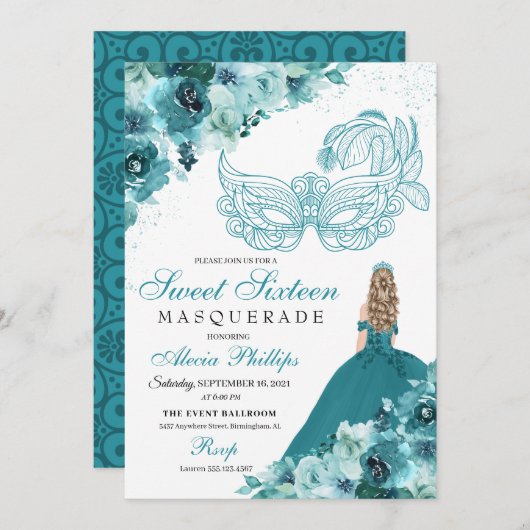 Invitation Turquoise Green Princesse Masquerade Sweet 16 (Devant / Derrière)