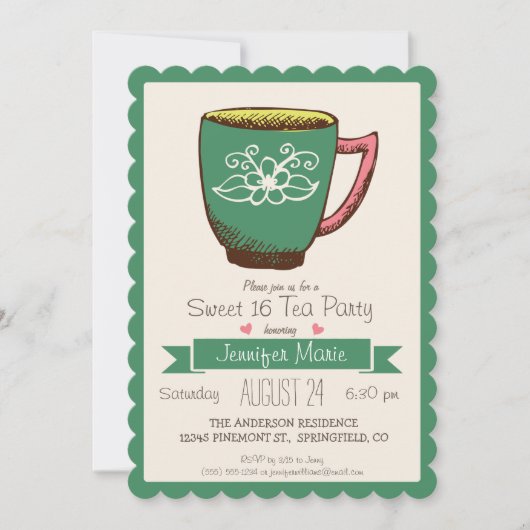 Invitation Turquoise Green & Rose Retro Sweet 16 Tea Party (Devant)