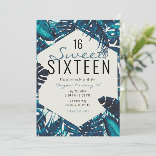 Invitation Turquoise Green Tropical Palm Feuille Summer Sweet (Debout devant)