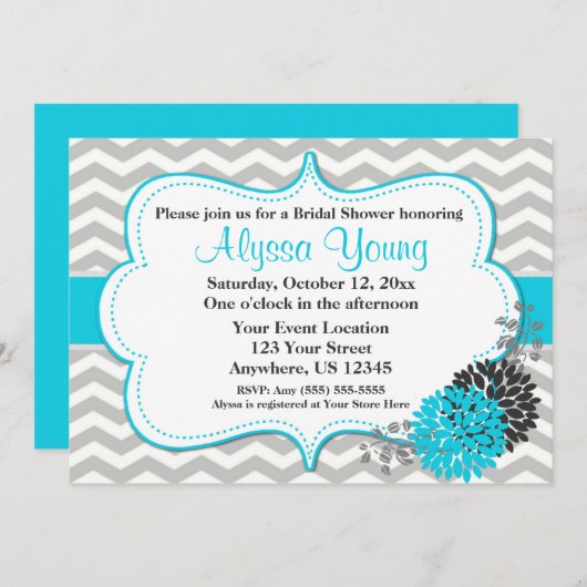 Invitation Turquoise Grey Chevron (Devant / Derrière)