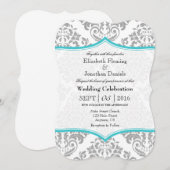 Invitation Turquoise Grey Damask Mariage de crochet (Devant / Derrière)