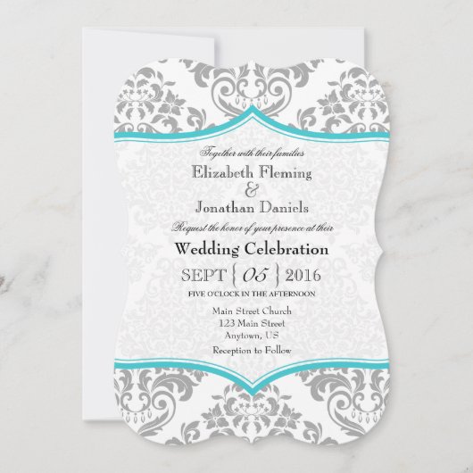 Invitation Turquoise Grey Damask Mariage de crochet (Devant)