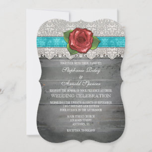 Invitation Turquoise Grey Rustic Wood Rose Mariage Inviter