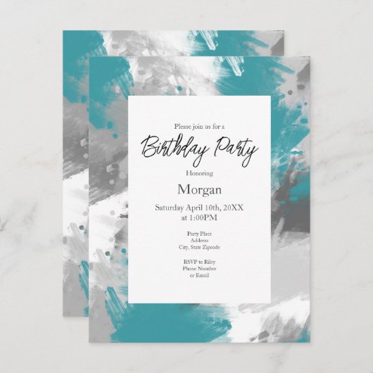 Invitation Turquoise Gris Abstrait (Devant / Derrière)