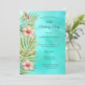 Invitation Turquoise hibiscus tropique Palm Gold fête d'anniv (Debout devant)