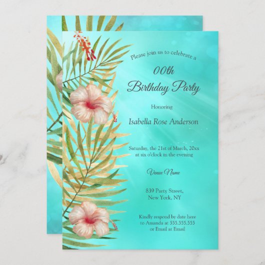 Invitation Turquoise hibiscus tropique Palm Gold fête d'anniv (Devant / Derrière)