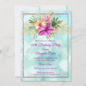 Invitation Turquoise Hibiscus violet marbre rose fête d'anniv (Devant)