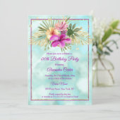 Invitation Turquoise Hibiscus violet marbre rose fête d'anniv (Debout devant)
