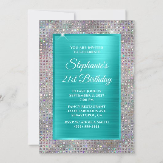 Invitation Turquoise Holo Diamond Studded Foil 21e anniversai (Devant)