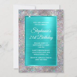 Invitation Turquoise Holo Diamond Studded Foil 21e anniversai