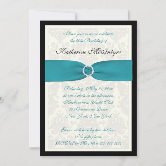 Invitation Turquoise, ivoire, Damas Noires 50e anniversaire (Devant)