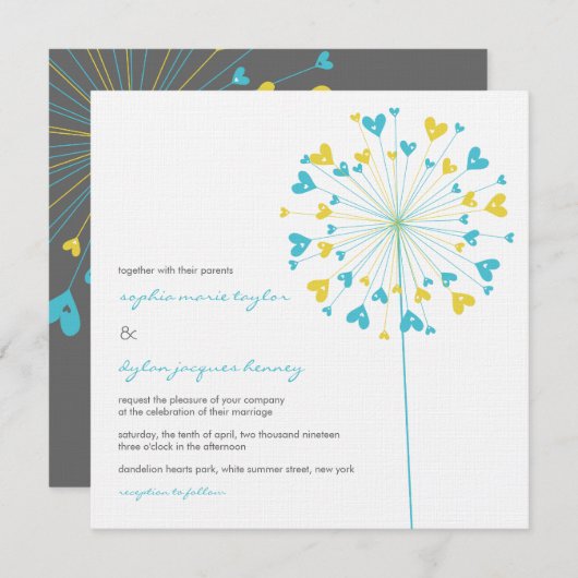 Invitation Turquoise Jaune Dandelions Amour Mariage Inviter (Devant / Derrière)