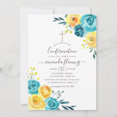 Invitation Turquoise & Jaune Fleurs Aquarelle Confirmation (Devant)