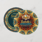 Invitation Turquoise Jaune Fractale Dentelle & Diadème Quince (Devant / Derrière)