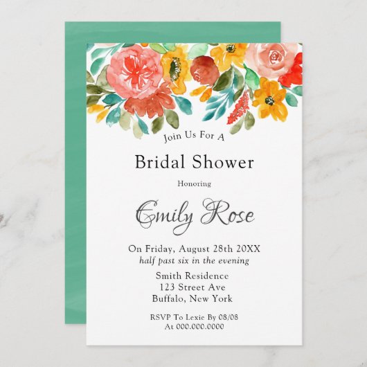 Invitation turquoise Jaune Orange Peony (Devant / Derrière)