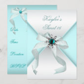 Invitation Turquoise Jewel Bow Joli White Sweet sixteen Party (Devant / Derrière)