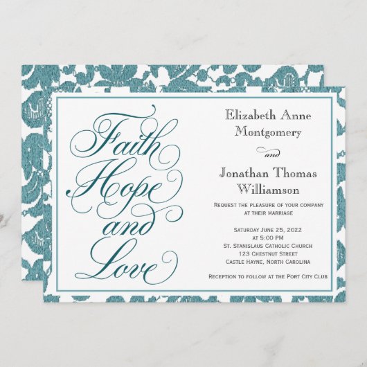 Invitation Turquoise Lace Script Faith Hope & Love Mariage (Devant / Derrière)