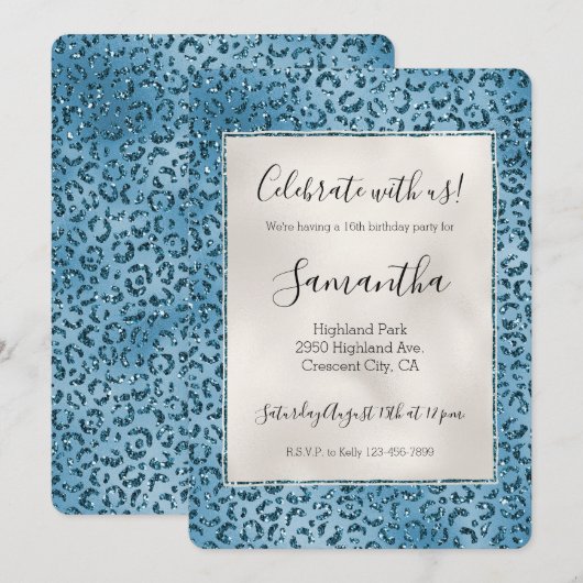 Invitation Turquoise leopard bleu (Devant / Derrière)