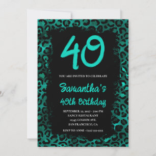 Invitation Turquoise Léopard Peint Noir 40e anniversaire