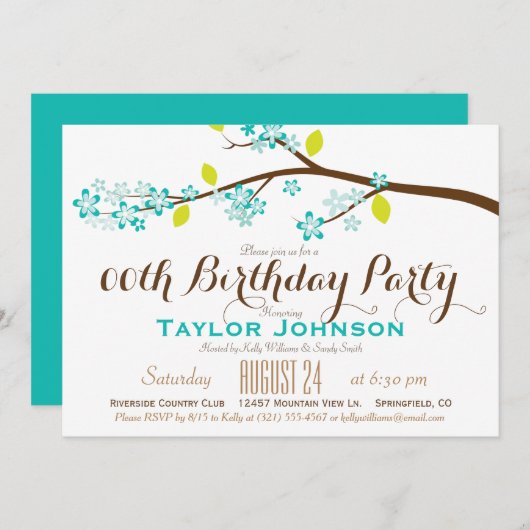 Invitation Turquoise, Lime, Branche Brown Anniversaire (Devant / Derrière)