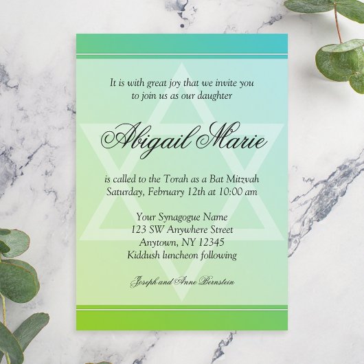 Invitation Turquoise Lime Green Star de David Bat mitzvah