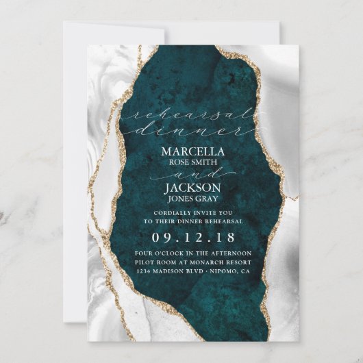 Invitation Turquoise, Marbre Blanc & Or Dîner d'Agate Répétit (Devant)