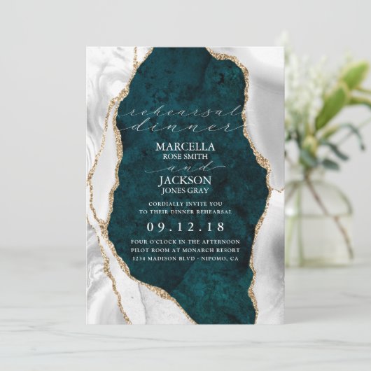 Invitation Turquoise, Marbre Blanc & Or Dîner d'Agate Répétit (Debout devant)